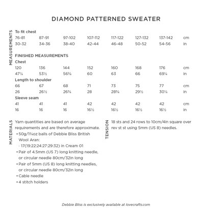Diamond Patterned Sweater -  Jumper Knitting Pattern for Women in Debbie Bliss British Wool Aran by Debbie Bliss