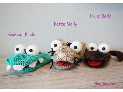 3x Amigurumi Häkelanleitungen für Handpuppen (Krokodil Kroki, Katze Molly & Hund Bello)