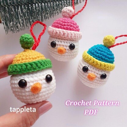 Snowman bauble with beanie hats crochet pattern, Amigurumi snowman ornament, Snowman Christmas tree ornament crochet Xmas nursery decoration