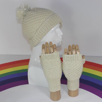 Adult Teen Aran Swirl Bobble Beanie Hat and Gloves