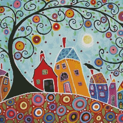 Houses, Barn, Birds and Swirl Tree - #13007-ARTL