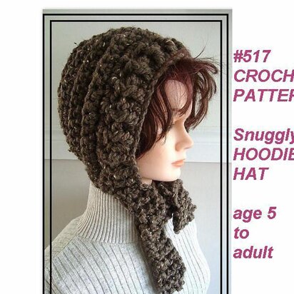 517, SNUGGLY  crochet WOOLY HOOD HAT, age 5 to adult