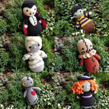 PATTERN Halloween Dia de los Muertos Bundle Set Crochet Amigurumi dolls pumpkin black cat frankenstein dracula mummy scarecrow voodoo witch