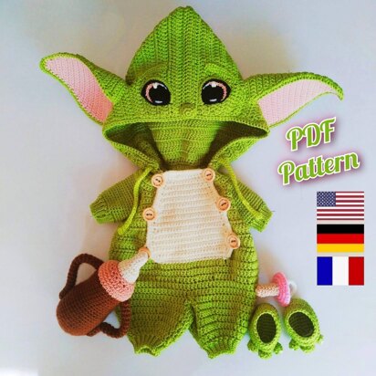 Crochet doll clothes pattern, Crochet doll outfit Baby Yoda, Lulu Outfit doll pattern 12 inches (English, Deutsch, Français)