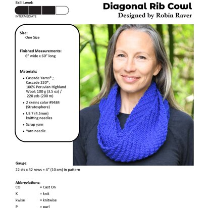 Diagonal Rib Cowl in Cascade Yarns 220 Superwash® - W818 - Downloadable PDF