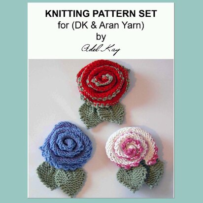 Mary 3 x Rose Flower Brooches Pins Corsages DK and Aran Yarn Knitting Pattern by Adel Kay