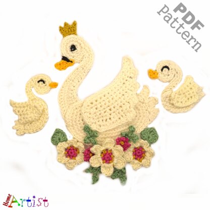 Swan and Babies crochet applique pattern