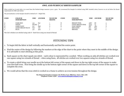 Historical Sampler Company Owl and the Pussycat Birth Sampler - Downloadable PDF