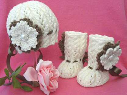 Knitted Baby Set with Crochet Flowers by Elena Mitchell Booties and Hat