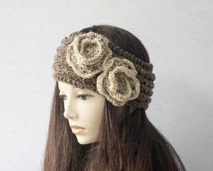 Mock Cable Flower Headband, Ear Warmers