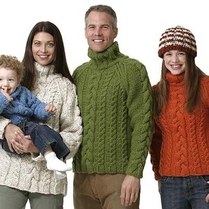 Family of Cabled Sweaters in Lion Brand Wool-Ease Thick & Quick - 50328