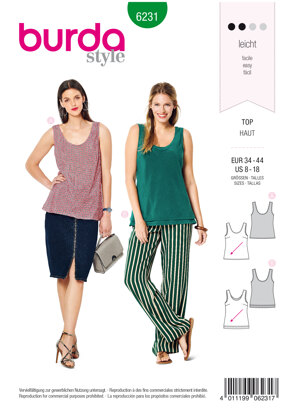 Burda Style Misses' Top with Rounded Neckline – Singe or Double Layer B6231 - Paper Pattern, Size 8-18