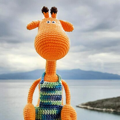 Amigurumi giraffe in dress and jumpsuit