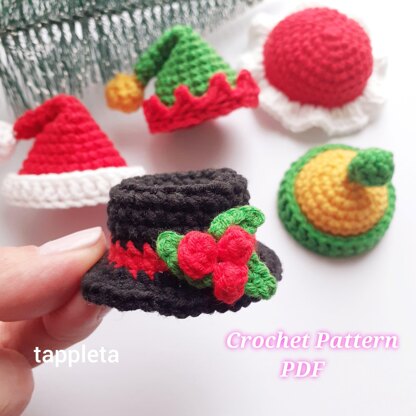 5 mini Christmas hats ornament, Santa hat, mrs. Claus hat, Snowman hat, Elf hat, Beanie hat crochet pattern, Crochet miniature hat ornament