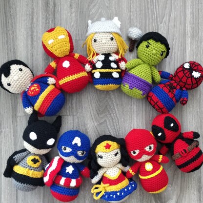 Super Hero Amigurumi Marvel DC Comics Hulk Spider Man Ironman Superman Thor Batman Captain America Deadpool Flash Wonder Woman PDF pattern