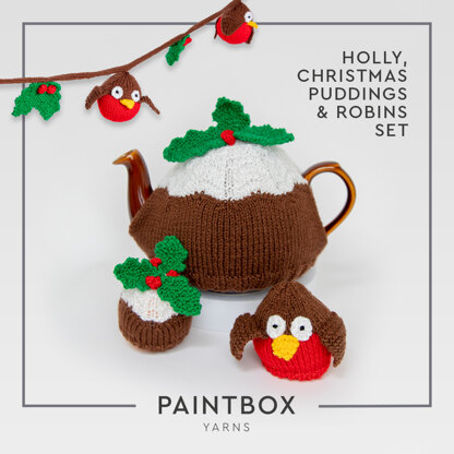 Holly, Christmas Pudding & Robin Set - Free Christmas Decorations Knitting Pattern in Paintbox Yarns Simply DK