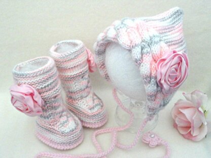 Pattern Knitting Baby Set Girl Newborn Hat and Uggs