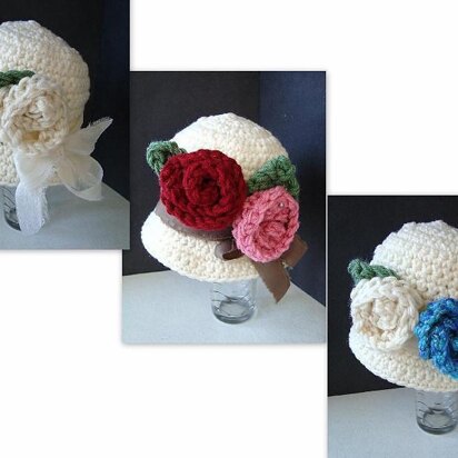 563 CROCHET cloche hat with roses, baby to women sizes