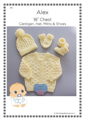 Alex Baby Cardigan Hats, Booties & Mitts knitting pattern 18 inch chest size