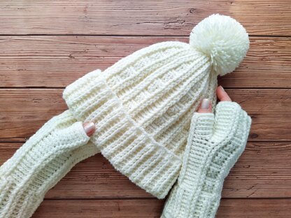 Hat with Pom Pom and Fingerless gloves