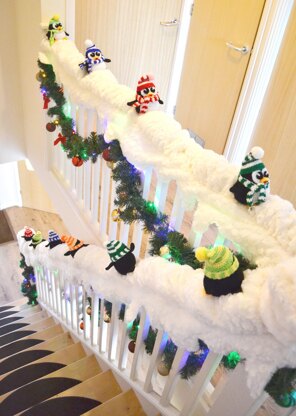 Crochet penguin. Christmas penguin. Bannister decor. Christmas decor idea. Staircase decoration. Xmas craft project