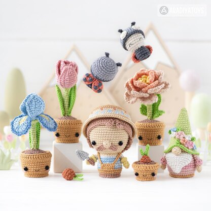 Flower crochet pattern amigurumi bouquet iris, peony, tulip, flowers in pots pattern ladybug kawaii secret garden gnome (Tutorial PDF file) by AradiyaToys (Olka Novytska) Mini Kingdom