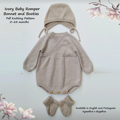 Ivory Baby Romper, Bonnet and Booties Set | 0-24 months - knitting pattern