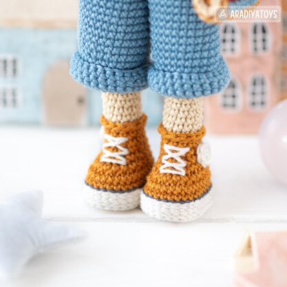 Crochet doll pattern amigurumi Kimberly doll with red panda Roxy by AradiyaToys beret tutorial PDF file handmade DIY dolls crochet patterns by AradiyaToys (Olka Novytska)