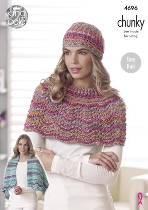 Square Shawl/Blancket, Oblong Shawl, Shoulder Wrap & Hat in King Cole Drifter Chunky - 4696 - Downloadable PDF