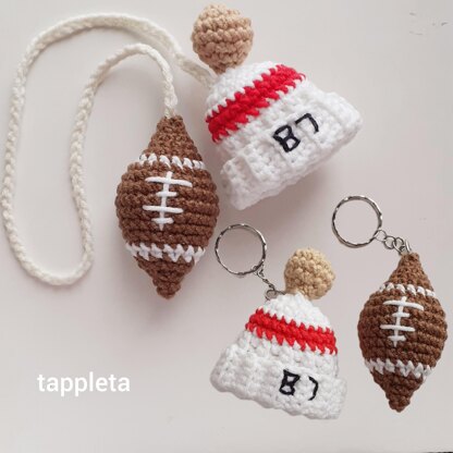 Football fan charm keychain crochet pattern, Rear view mirror car charm for swiftie, Red striped beanie hat 87, Taylor Travis love fan gift