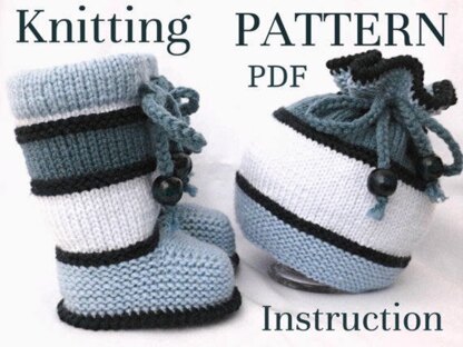 Knitting PATTERN Baby Hat Baby Booties Baby Set with Pompoms