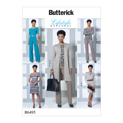 Butterick Schulterfreies Strick-Top, Kleid und Overall für Damen, lockere Jacke und Pull-On-Hose B6495 - Schnittmuster