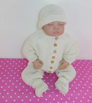 Baby Romper Suit Booties and Beanie Hat