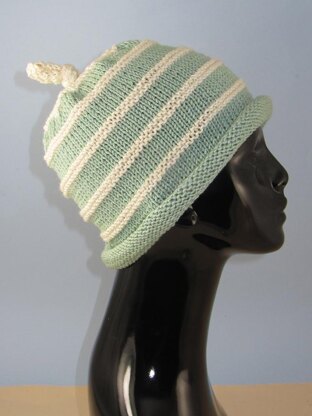 Stripe Roll Brim Topknot Beanie Hat