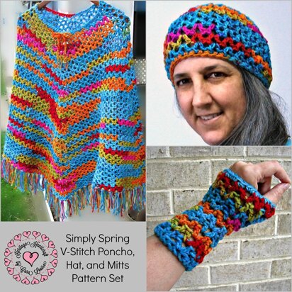 Simply Spring V-Stitch Poncho, Hat, and Mitts Set