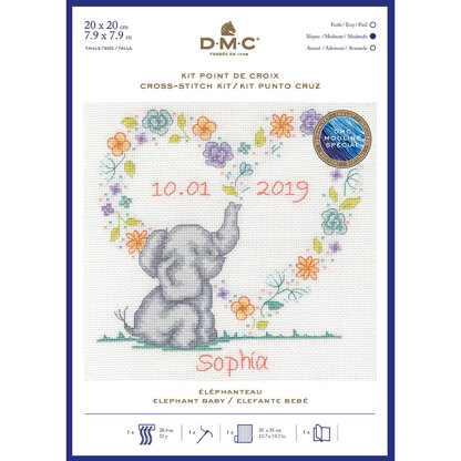 DMC Elephant Baby Cross Stitch Kit - 35cm x 35cm