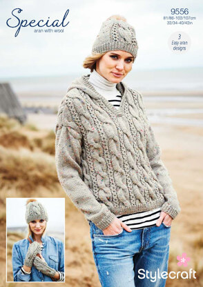 Hooded Sweater, Mittens & Hat in Stylecraft Special Aran with Wool - 9556 - Downloadable PDF