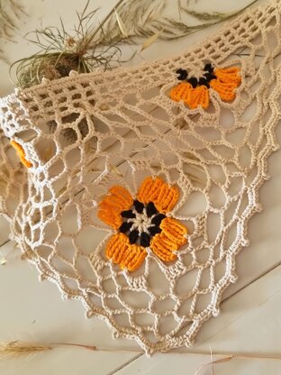 Boho Bandana with Floral Motif, Freeform Mesh and Filet Crochet Design (H8)