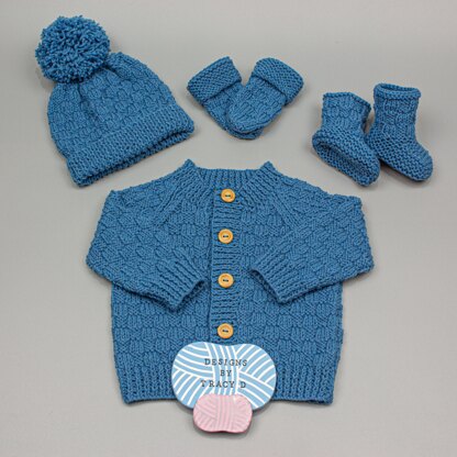 Tommy cardigan hats, booties & mitts baby knitting pattern