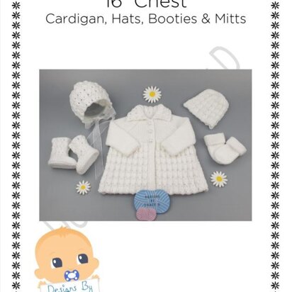 Eira matinee, bonnet or beanie, booties & mitts Baby Knitting Pattern