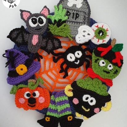 Halloween Collection Applique/Embellishment Crochet * Bat, Spider, Hat, Pumpkin, Witches Legs, Cauldron, Eye, Frankenstien Toffee Apple, Gravestone, Web and Door Wreath Ring.