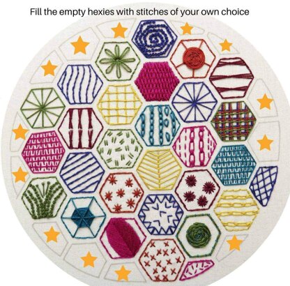 Stitchdoodles Hexagon Sampler to learn 20 hand embroidery stitches