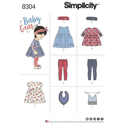 Simplicity Babies', Leggings, Top, Dress, Bibs and Headband in thress sizes S(17in) M(18in) L(19in) 8304 - Paper Pattern, Size A (XXS-XS-S-M-L)