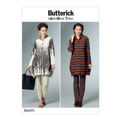 Butterick Lockere Hemden für Damen mit Stehkragen, geformtem Saum und Biesen B6491 - Schnittmuster