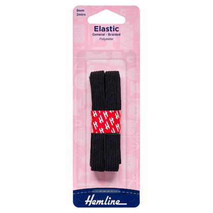 Hemline General Purpose Braided Elastic: 2m x 9mm: Black