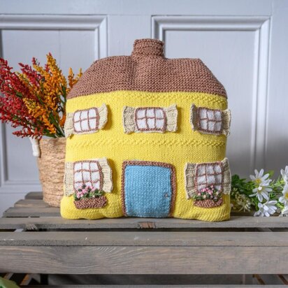 Cozy Yellow House Pillow in Lion Brand 24/7 Cotton DK - Downloadable PDF