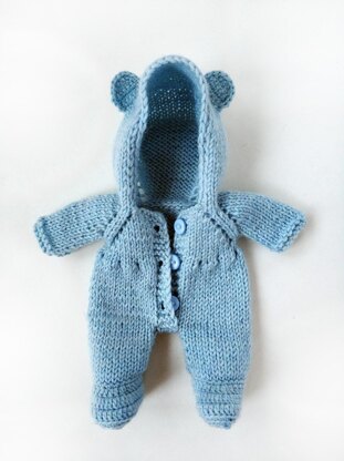 Knitted hooded jumpsuit for 7"/18 cm doll