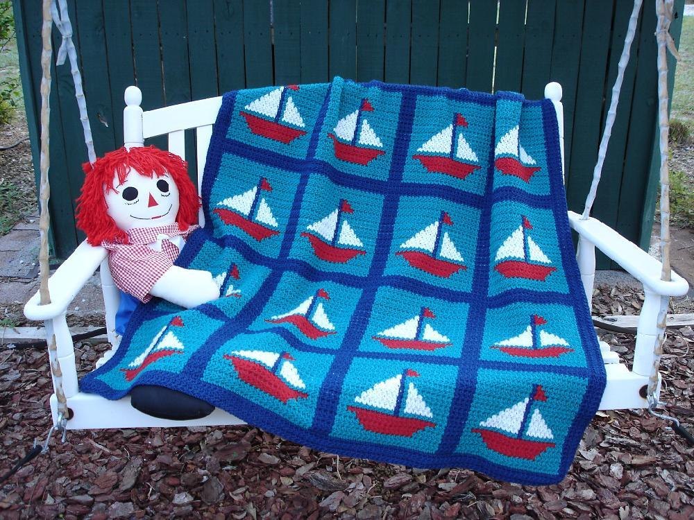 Granny Square Crochet Nautical Baby Blanket Sailboats Ahoy Afghan