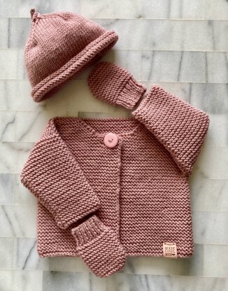 Baby girl cardigan, pixie hat and mitts