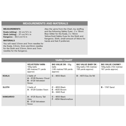 Koala, Sloth, Kangaroo knitted in King Cole Velveteen - P9211 - Leaflet